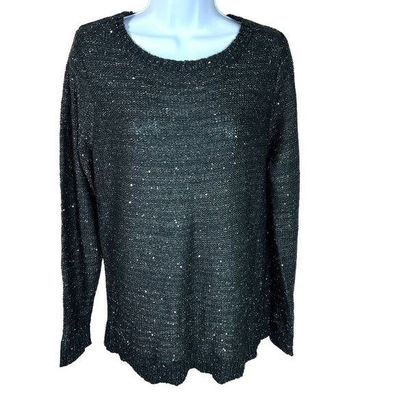 Medium Black Silver Sweater Shimmer Chiffon Accent Time And Tru 8 10 Stretch - Picture 1 of 9